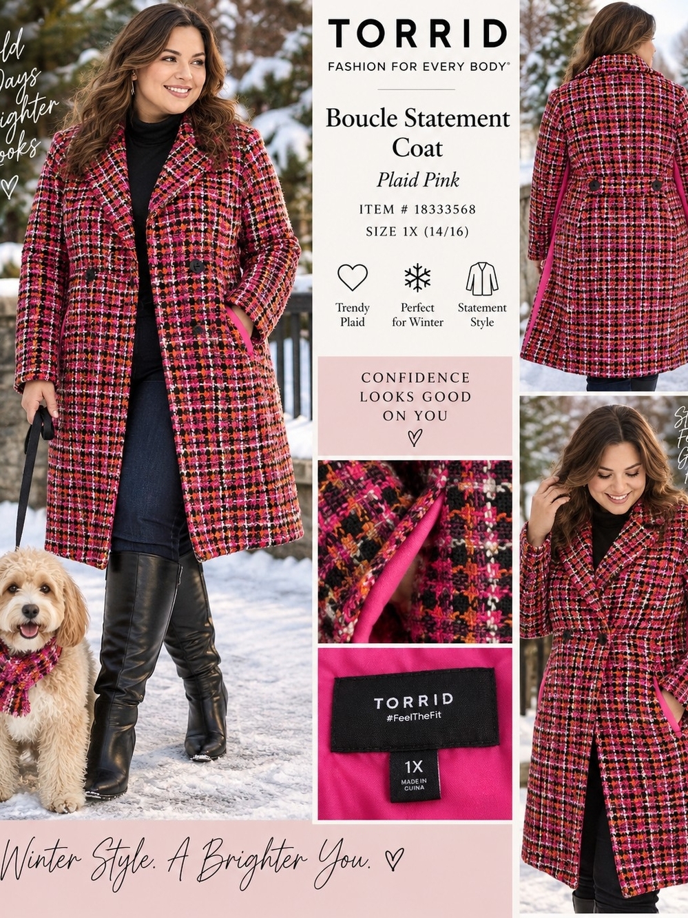 Torrid Pink Plaid Bouclé Statement Pea Coat 1X/14/16